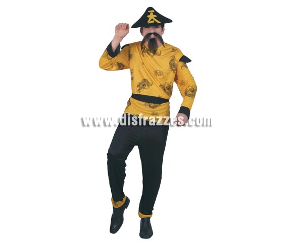 Disfraz de Chino amarillo para hombre. Talla universal 52/54. Incluye sombrero, camisa, cinturón y pantalón. Bigote y perilla NO incluidos, podrás verlos en Complementos.