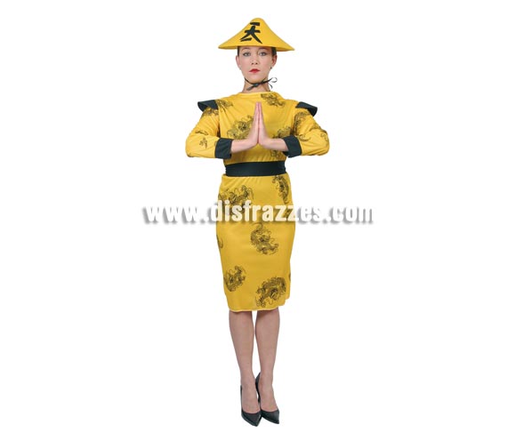 Disfraz barato de China amarillo para mujer. Talla standar válida hasta la 42/44. Incluye kimono y cinturón. Sombrero NO incluido, podrás verlo en la sección de Complemtentos. Incluye un sombrero pero que no se parece al de la imagen, es como de hada, con forma de sombrero Nazareno.