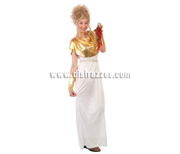 Disfraz barato de Griega para mujer. Talla standar válida hasta la 42/44. Incluye vestido, manguitos y cinturón.