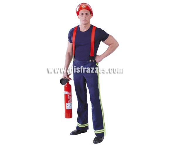 Disfraz de Bombero para hombre. Talla universal 52/54. Incluye camiseta, tirantes y pantalón. Bandas reflectantes. El casco NO está incluido, podrás ver diferentes modelos en la sección de Complementos. Tenemos un extintor hinchable cuya referencia es 05296BT.