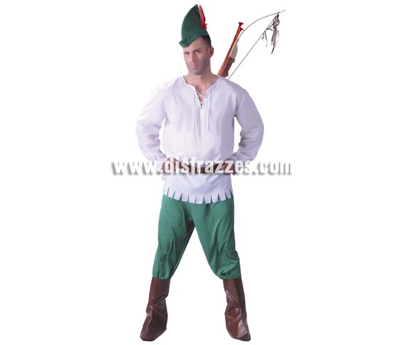 Disfraz de Robin Hood para hombre. Talla Universal 52/54. Incluye gorro, camisa, cinturón, pantalón y cubrebotas.