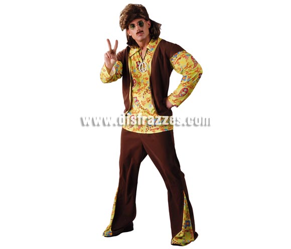 Disfraz de Hippie para hombre. Talla Universal 52/54. Incluye camisa, chaleco y pantalones.