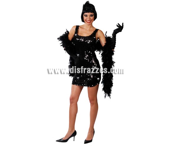 Disfraz de Charlestón negro para mujer. Talla standar válida hasta la 42/44. Incluye cinta de la cabeza y vestido. Boa NO incluida, podrás verla en la sección de Complementos.