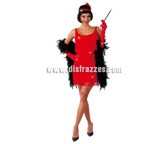 Disfraz de Charlestón rojo para mujer. Talla única 38/40. Incluye cinta de la cabeza y vestido. Pipa y boa NO incluidas, podrás verlas en la sección de Complementos.