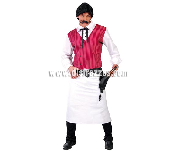 Disfraz de Barman o Camarero del Oeste para hombre. Talla standar 52/54. Incluye camisa con chaleco, pajarita y delantal, el resto lo podrás ver en Complementos.