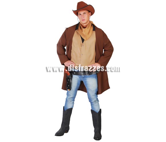 Disfraz de Cow-Boy para hombre. Talla universal de hombre 52/54. Incluye abrigo guardapolvo, chaleco y pañuelo. Resto de artículos NO incluidos, podrás verlos en la sección de Complementos. Disfraz de Pistolero o Vaquero adulto.