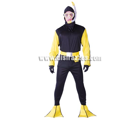 Disfraz de Buzo submarinista para hombre. Talla Universal 52/54. Incluye gafas, cinturón, traje con capucha y aletas.