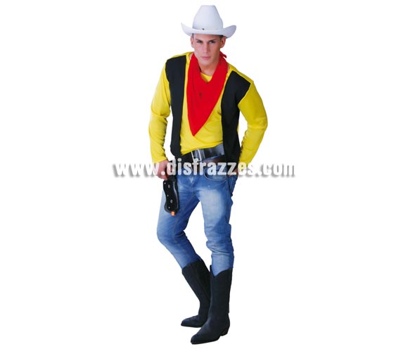 Disfraz barato de Cow-Boy para hombre. Talla universal 52/54. Incluye sólo camisa con chaleco y pañuelo. Comprando éste disfraz, un gorro de vaquero y con unos pantalones vaqueros que todos tenemos en casa y con unas botas, podrás imitar al auténtico Pistolero Vaquero Lucky Luke, el enemigo nº 1 de los Hermanos Dalton, los cuales, si tienes 3 amigos más con ganas de pasarlo bien, podrán disfrazarse con un disfraz de Preso o Presidiario para imitar a los 3 hermanos foragidos. -No olvides ponerte una ramita de hierba en la boca. ¡¡¡Qué buena idea!!!