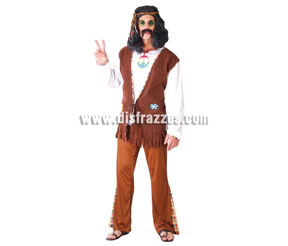 Disfraz de Hippy para hombre. Talla única 52/54. Incluye pantalón, camisa y chaleco.