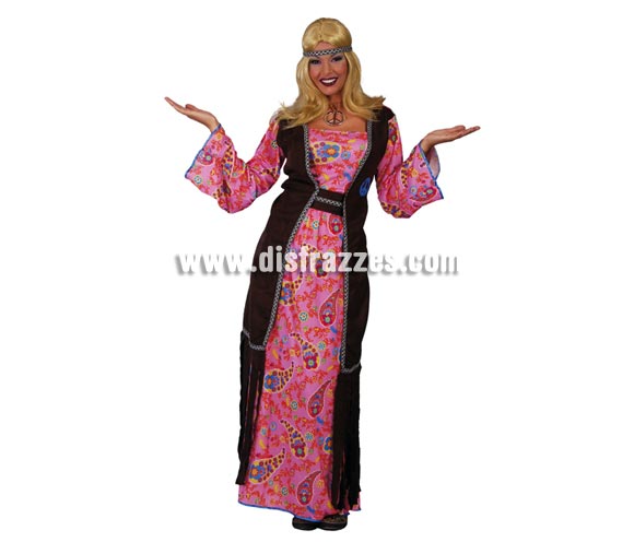 Disfraz de mujer Hippie vestido largo para mujer. Talla única válida hasta la 42/44. Incluye cinta de la cabeza, chaleco, vestido y cinturón. Un disfraz muy muy Hippie de la época.