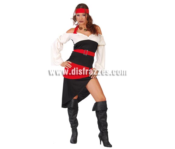 Disfraz barato de Pirata para chica o mujer. Talla única válida hasta la 38/42. Incluye pañuelo de la cabezacamiseta, cinturón y falda.