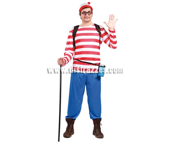 Disfraz de Escursionista para hombre. Talla universal 52/54. Incluye gorro, camiseta y pantalón. Las gafas las podrás ver en Comlementos. Si te disfrazas así todos preguntarán -¿Dónde está Wally?