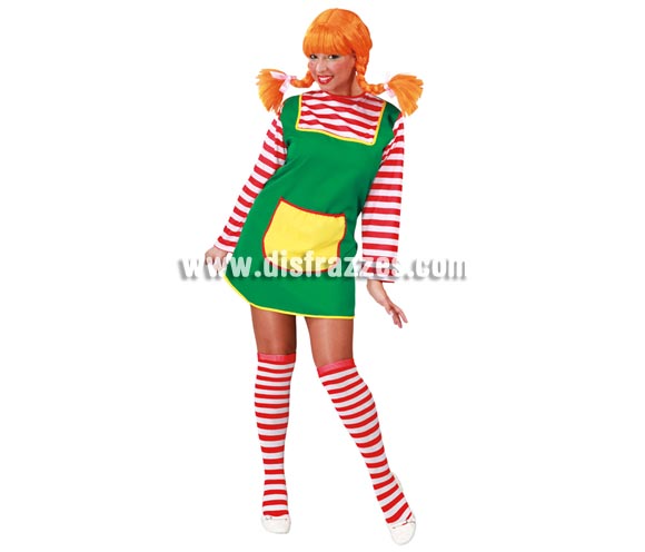 Disfraz de Pipi Calzaslargas o Pipi Langstrum para mujer. Talla standar válida hasta la 42/44. Incluye sólo el vestido. Podrás ver la peluca y las medias en nuestra sección de Complementos.