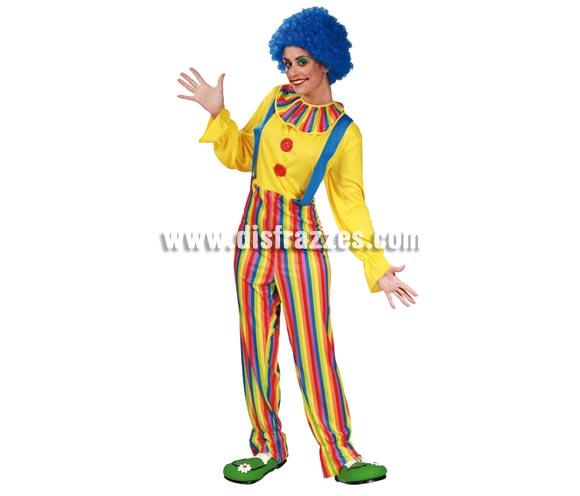 Disfraz de Payasa o Payaso para mujer. Talla única válida hasta la 42/44. Incluye mono completo con tirantes. Peluca y zapatones NO incluidos, podrás verlos en Complementos.