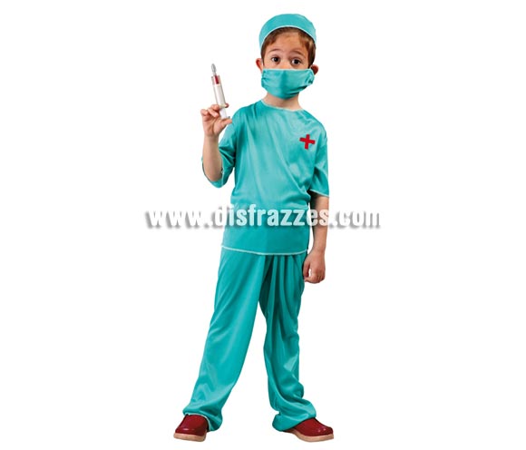 Disfraz de Médico Cirujano para niños de 7 a 9 años. Incluye gorro, mascarilla, camiseta y pantalón.