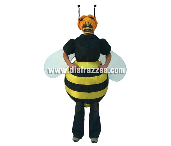 Disfraz de la Abeja Maya hinchable para mujer. Talla única válida hasta la 42/44. Incluye peluca, antenas y traje hinchable con alas. Funciona a pilas (NO incluidas), lleva un mecanismo que hace que el traje se hinche.