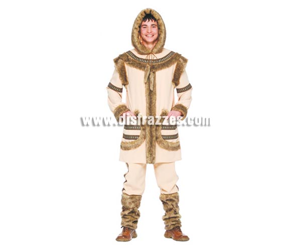 Disfraz de Esquimal hombre adulto. Talla única 52/54. Incluye capucha, casaca, pantalón y calentadores. Un disfraz ideal para ir calentito en los sitios donde haga más frío en Carnaval.