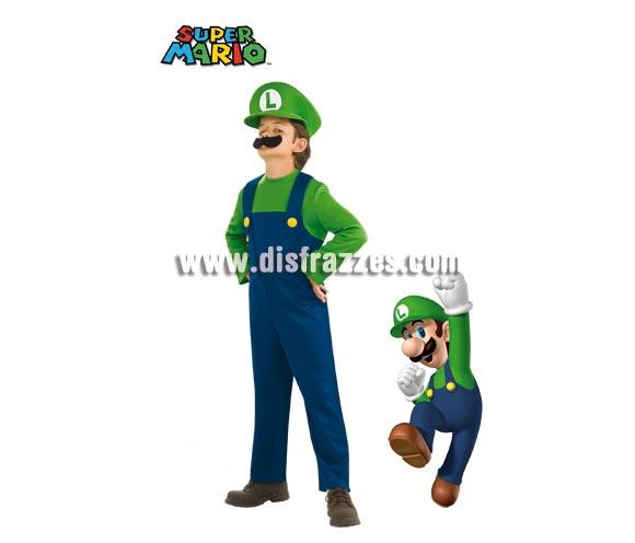 Disfraz de Luigi (el compañero de Mario Bros) para niños de 5 a 7 años. Incluye jumpsuit o mono, sombrero y bigote.
