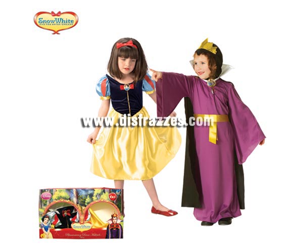 Disfraz de Blancanieves y Reina Malvada 2x1 para niñas de 5 a 7 años. Incluye Blancanieves: verstido, capa y diadema. - Reina: vestido con capucha, capa y corona. Presentación en caja regalo. Disfraz con licencia Disney ideal para regalar en Navidad, Reyes o en cualquier ocasión del año, seguro que a la niña le encanta. Además contiene los 2 disfraces por lo que las niñas podrán desarrollar toda su imaginación interpretando el clásico cuento de a todos nos han contado en más de una ocasión.