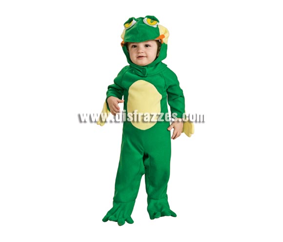Disfraz de Ranita para bebés de 6 a 12 meses. Incluye traje completo con gorro. Si te fijas también lleva manoplas para las manos y van unidas al mono para que el niño no las pierda.