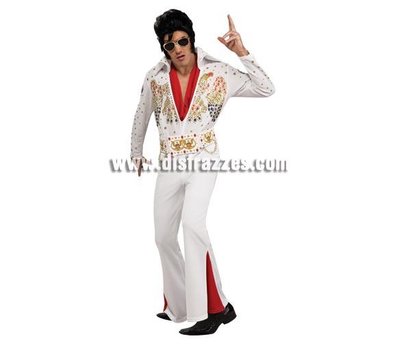 Disfraz de Elvis Presley lujo para hombre talla XL. Incluye traje completo, cinturón y bufanda.