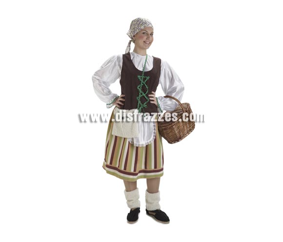 Disfraz de Pastora, Pastorcilla o Pastorcita para mujer. Talla Standar de mujer. Contiene falda con delantal, camisa, chaleco, pañuelo, calentadores y bolso. Perfecto para Cabalgatas de Reyes Magos y Belén viviente.