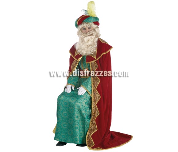 Traje o disfraz de Rey Mago Gaspar lujo adulto. Talla única de hombre. Contiene túnica, capa, cinturón y turbante. Complementos NO incluidos, podrás verlos en la sección de Complementos.