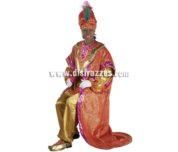 Traje o disfraz de Rey Mago Baltasar lujo adulto. Talla única de hombre. Contiene pantalón, camisa, capa, cinturón, gorro y babuchas. Complementos NO incluidos, podrás verlos en la sección de Complementos.