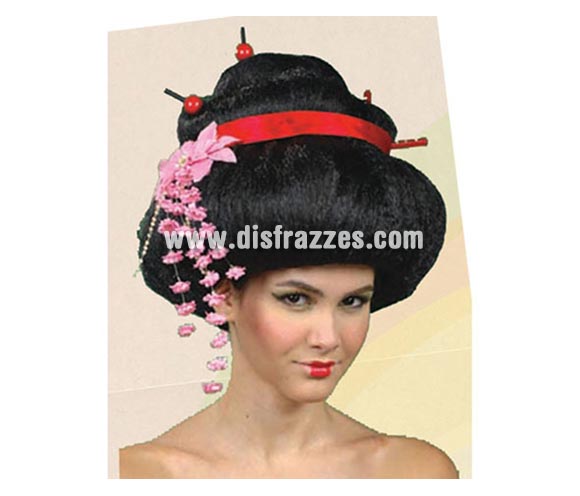 Peluca China negra con flor, cinta roja y palos chinos. Talla universal.