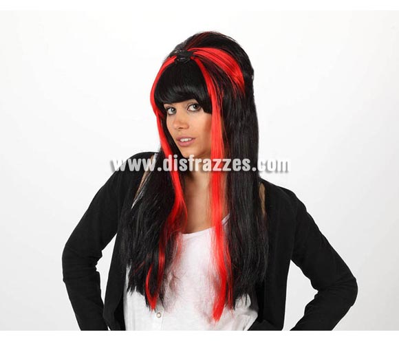 Peluca mujer araña negra y roja, larga y con flequillo. Talla universal. Perfecta para disfrazarse en Halloween.