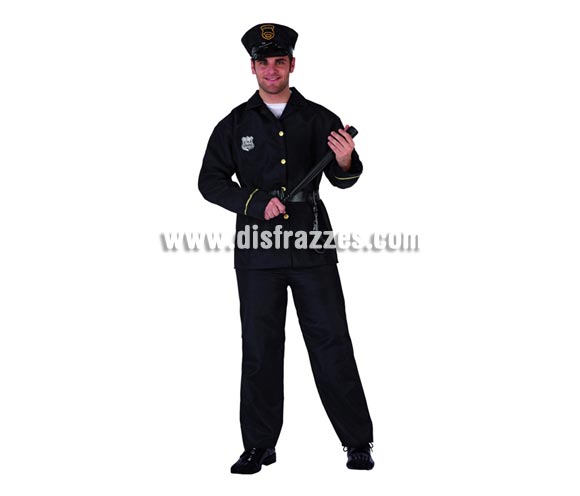 Disfraz de Policía para hombre. Talla 2 ó talla standar M-L = 52/54. Incluye pantalón, chaqueta, cinturón y gorra. Porra y esposas NO incluidas, podrás encontrar en nuestra sección de Complementos.