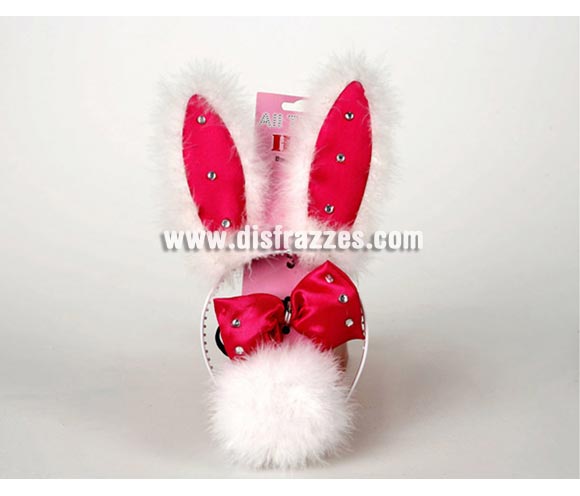 Complemento Conejita blanco y rosa (3 piezas). Incluye diadema, pajarita y rabo. Perfecto para Despedidas de Soltera.