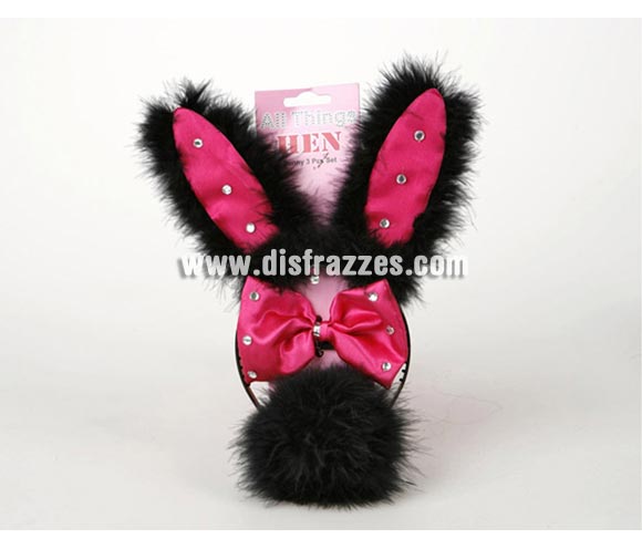 Complemento Conejita negro y rosa (3 piezas). Incluye diadema, pajarita y rabo. Perfecto para Despedidas de Soltera.