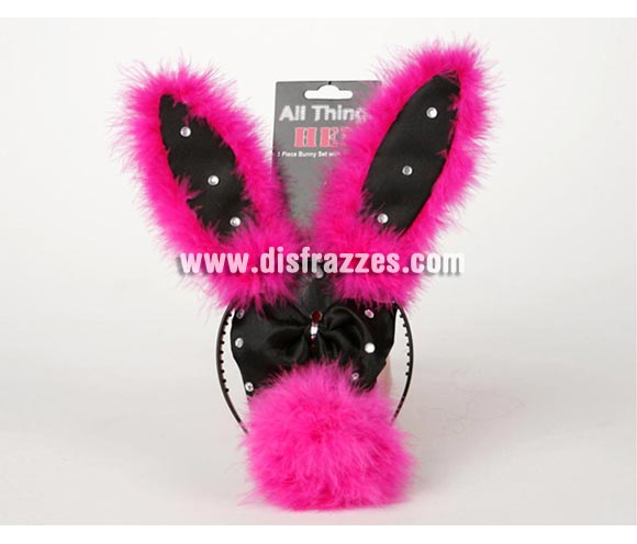 Complemento Conejita fucsia y negro (3 piezas). Incluye diadema, pajarita y rabo. Perfecto para Despedidas de Soltera.