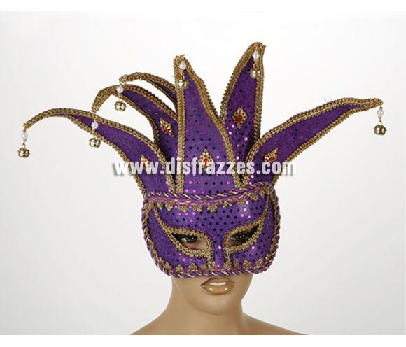 Antifaz Veneciano Arlequín con cascabeles de color Purpura. Talla Universal. Máscara Veneciana Arlequín.
