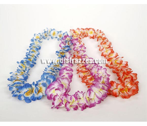 Collar Hawaiano flores de tela. Tres colores surtidos. Precio por unidad, se venden por separado.