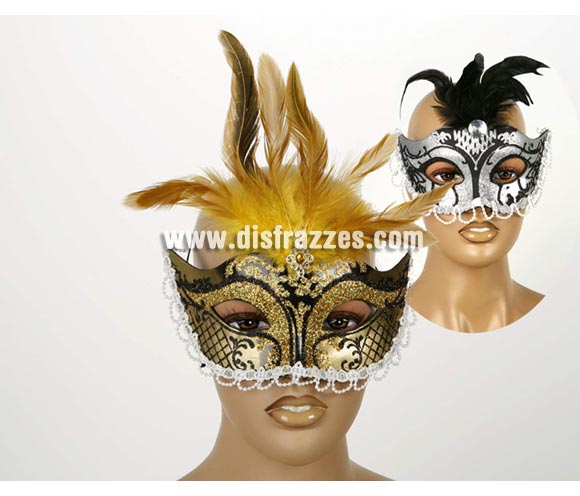 Máscara Veneciana con Perlas y Plumas. Talla universal. Dos modelos surtidos, precio por unidad, se venden por separado.