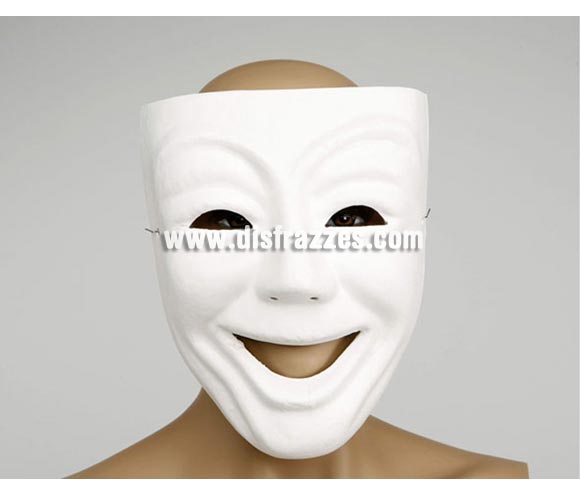 Máscara Blanca teatro risa de cartón ideal para decorar. Talla universal. También sirve como máscara Veneciana. 