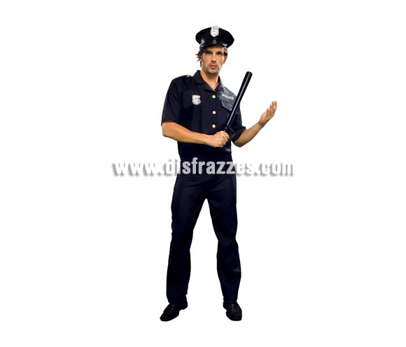 Disfraz barato de Policía para hombre. Talla standar ó M-L = 52/54. Incluye gorra, camisa y pantalón.