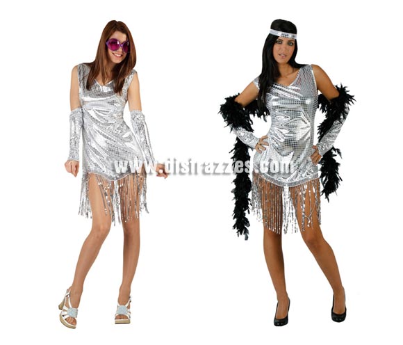 Disfraz de Charletón Plateado Sexy para mujer. Talla 2 ó talla standar M-L =38/42. Incluye vestido y cubrebrazos.