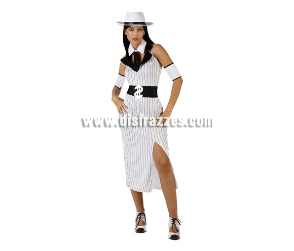 Disfraz de Ganster Mafiosa Blanco para mujer. Talla 2 ó talla standar M-L 38/42. Incluye vestido, cuello con corbata y cubrebrazos. Sombrero NO incluido, podrás encontrar en nuestra sección de Complementos.