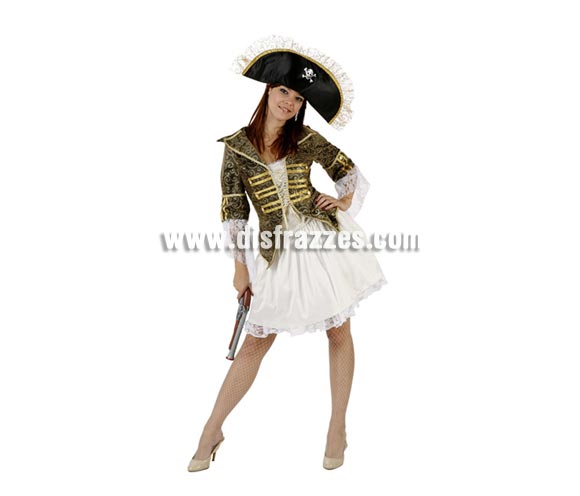 Disfraz de Bucanera lujo para mujer. Talla 2 ó talla Standar M-L 38/42. Incluye falda, chaqueta y gorro. Trabuco NO incluido, podras encontrarlo en nustra sección de Complementos.