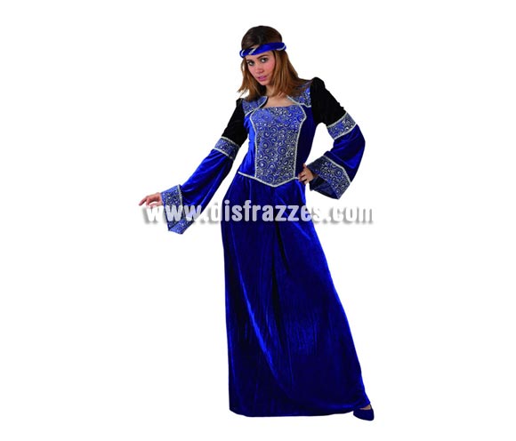 Disfraz de Dama Medieval Azul para mujer. Talla 2 ó talla standar M-L 38/42. Incluye vestido y cinta de la cabeza.