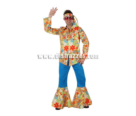 Disfraz barato de Hippie Floreado para hombre. Talla 2 ó talla Standar M-L = 52/54. Incluye pantalón, camisa y cinta de la cabeza. Gafas NO incluidas, podrás encontrar en nuestra sección de Complementos.