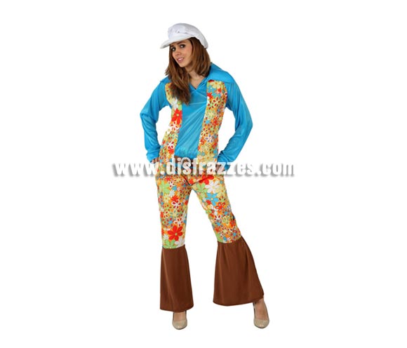 Disfraz barato de Hippie Floreada para mujer. Talla 3 ó talla XL 44/48. Incluye pantalón, camisa y gorra.