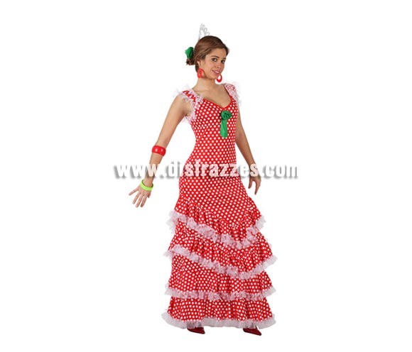 Disfraz de Sevillana rojo con lunar blanco para mujer. Talla 2 ó talla Standar M-L 38/42. Incluye vestido. Complementos NO incluidos. Disfraz de Sevillana, Flamenca o Gitana de mujer perfecto para la Feria de Abril.