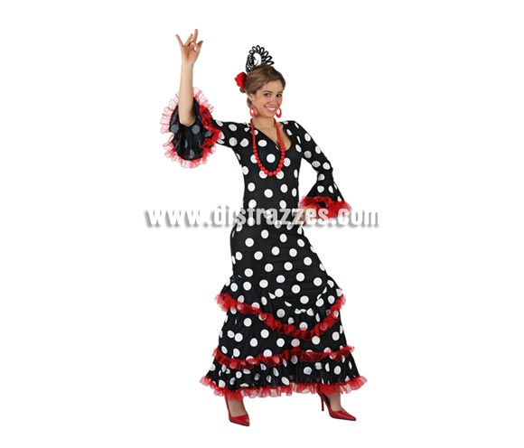 Disfraz de Faralae negro con lunares blancos para mujer. Talla 2 ó talla standar M-L = 38/42. Incluye vestido y tocado. Éste es un bonito traje de Andaluza o Sevillana de mujer.