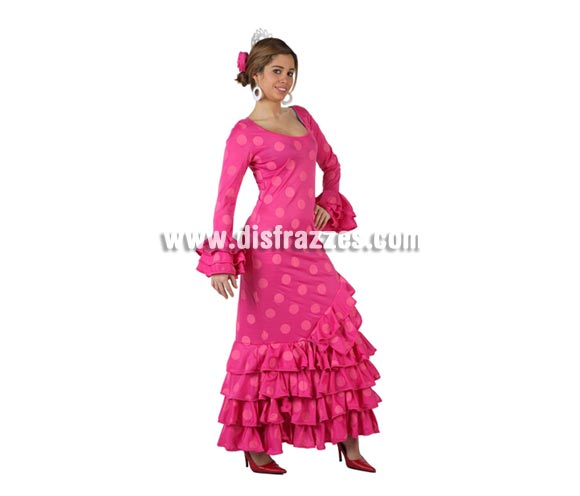 Disfraz de Faralae rosa con lunares rosas para mujer. Talla 2 ó talla standar M-L = 38/42. Incluye vestido y tocado. Éste es un bonito traje de Andaluza o Sevillana de mujer.
