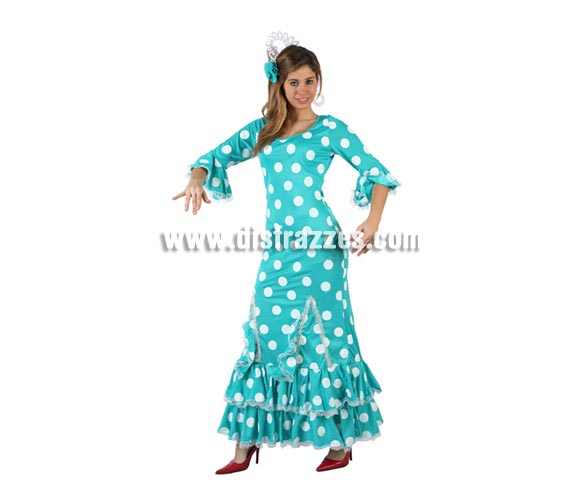 Disfraz de Faralae azul con lunares blancos para mujer. Talla 2 ó talla standar M-L = 38/42. Incluye vestido y tocado. Éste es un bonito traje de Andaluza o Sevillana de mujer.