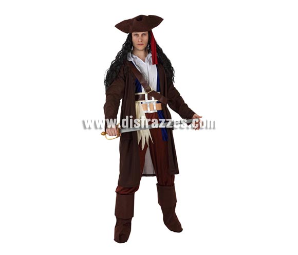 Disfraz de Pirata del Caribe para hombre. Talla 3 ó talla XL = 54/58. Incluye sombrero, camisa, chaqueta, pantalón, cinturón y cubrebotas. Espada y peluca NO incluidos, podrás encontrarlos en nuestra sección de Complementos.